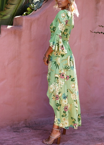 Sexy Women Dress Floral Print Deep V-Neck Flare Sleeves High Split Belt Bohemian Maxi Dresses Sexy Women Dress Floral Print Deep V-Neck Flare Sleeves High Split Belt Bohemian Maxi Dresses