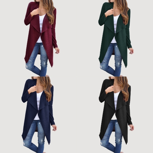 Women Waffle Knitted Cardigan Coat Open Front Turn-down Collar Bertha Loose Long Outwear Women Waffle Knitted Cardigan Coat Open Front Turn-down Collar Bertha Loose Long Outwear