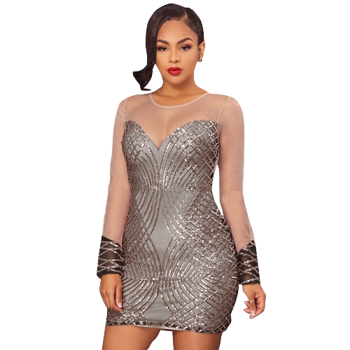 Women Sheer Mesh Sequined Mini Party Club Dress