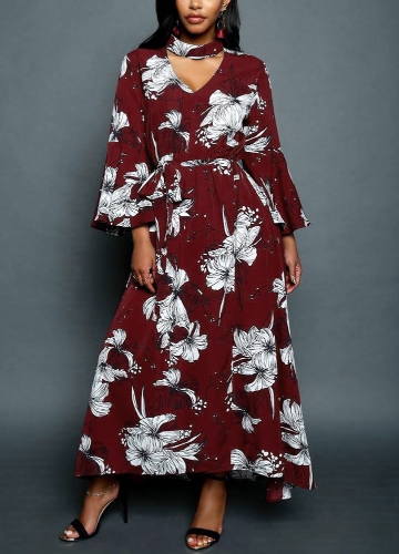 Women Chiffon Maxi Dress Floral Print Cut Out V-Neck Chocker Flare Sleeve Long Dress Black/Burgundy Women Chiffon Maxi Dress Floral Print Cut Out V-Neck Chocker Flare Sleeve Long Dress Black/Burgundy