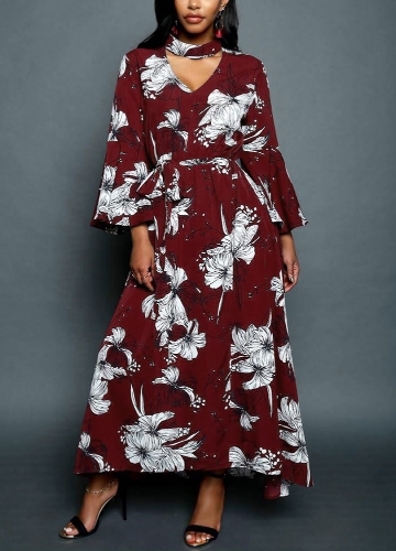 

Women Chiffon Maxi Dress Floral Print Cut Out V-Neck Chocker Flare Sleeve Long Dress Black/Burgundy