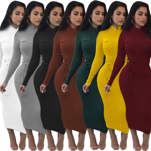 Women Autumn Winter Sweater Knitted Dress Belted Waist Slim Elastic Turtleneck Long Sleeve Bodycon Dress Women Autumn Winter Sweater Knitted Dress Belted Waist Slim Elastic Turtleneck Long Sleeve Bodycon Dress