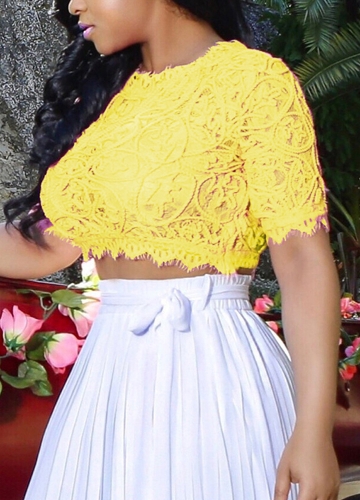 Sexy Women Sheer Lace Crop Top O-Neck Short Sleeve Crochet Tank Top