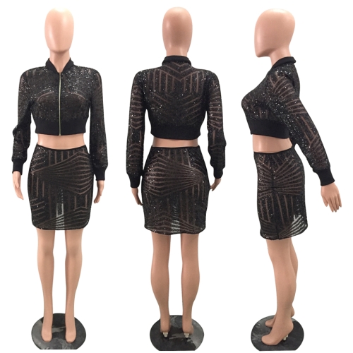 Women Two Piece Set Crop Top Mini Skirt Sequined Shiny Long Sleeve Bodycon Sexy Night Clubwear Women Two Piece Set Crop Top Mini Skirt Sequined Shiny Long Sleeve Bodycon Sexy Night Clubwear