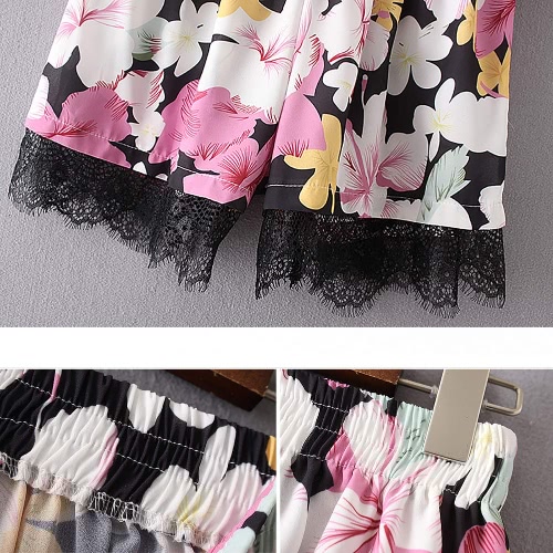 New Fashion Women Shorts Floral Print Elastic Mid Waist Lace Hem Slim Casual Boho Beach Wear Black New Fashion Women Shorts Floral Print Elastic Mid Waist Lace Hem Slim Casual Boho Beach Wear Black