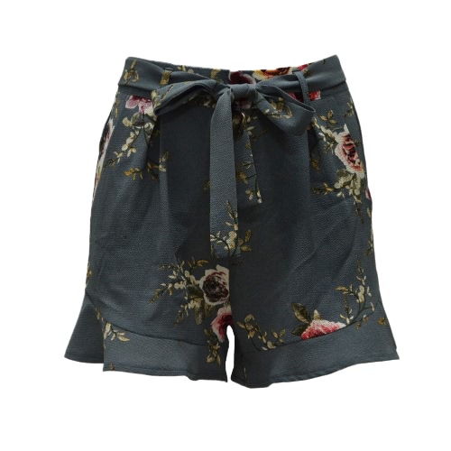New Women Floral Print Shorts High Waist Ruffle Ruched Side Pocket Zipper With Belt Shorts New Women Floral Print Shorts High Waist Ruffle Ruched Side Pocket Zipper With Belt Shorts