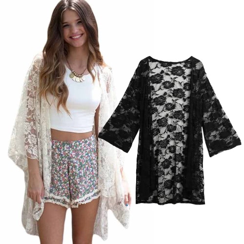 Women Lace Beach Top Swimsuit Cover Up See Through Cardigan Bikini Shirt Tunic Bathing Suit Beachwear Black/White Women Lace Beach Top Swimsuit Cover Up See Through Cardigan Bikini Shirt Tunic Bathing Suit Beachwear Black/White