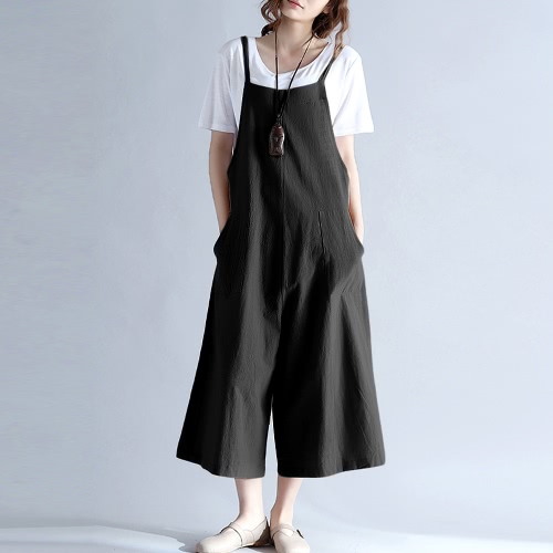 Loose Long Pants Pockets Playsuit Women's Suspender Trousers