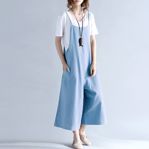 Women Loose Suspender Trousers Solid Color Casual Overalls Jumpsuit Female Long Pants Pockets Playsuit Rompers Black/Blue Women Loose Suspender Trousers Solid Color Casual Overalls Jumpsuit Female Long Pants Pockets Playsuit Rompers Black/Blue