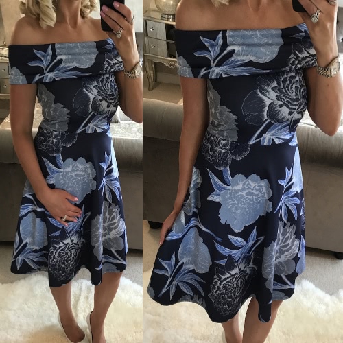 Women Floral Off the Shoulder Dress Slash Neck Short Sleeves A-Line Vintage Elegant Casual Party Dress Women Floral Off the Shoulder Dress Slash Neck Short Sleeves A-Line Vintage Elegant Casual Party Dress