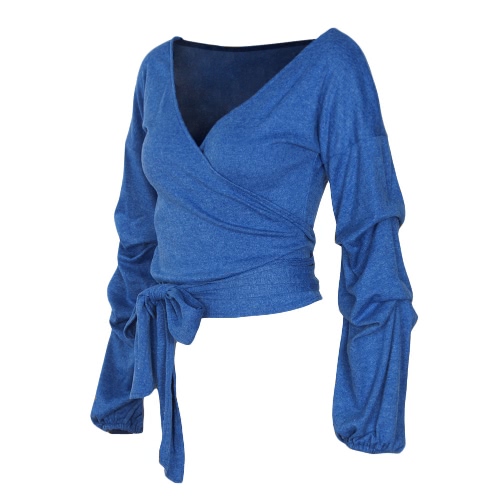 Sexy Women Crop Top Blouse Deep V-Neck 3/4 Sleeves Straps Solid Color Elegant Casual Top Sexy Women Crop Top Blouse Deep V-Neck 3/4 Sleeves Straps Solid Color Elegant Casual Top