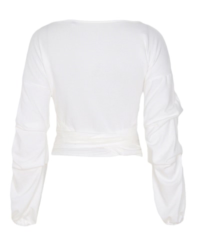 Sexy Women Crop Top Blouse Deep V-Neck 3/4 Sleeves Straps Solid Color Elegant Casual Top Sexy Women Crop Top Blouse Deep V-Neck 3/4 Sleeves Straps Solid Color Elegant Casual Top