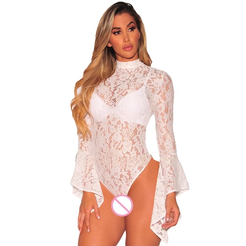 Sexy Floral Lace Jumpsuit Long Bell Sleeves Turtle Neck Hollow Out Backless Sheer Bodysuit Bodycon Rompers Sexy Floral Lace Jumpsuit Long Bell Sleeves Turtle Neck Hollow Out Backless Sheer Bodysuit Bodycon Rompers