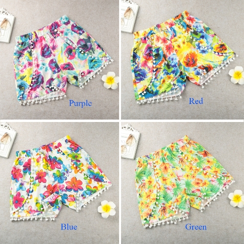 Women Shorts Colorful Floral Print Elastic High Waist Pom Pom Wide Legs Slim Casual Beach Wear Women Shorts Colorful Floral Print Elastic High Waist Pom Pom Wide Legs Slim Casual Beach Wear