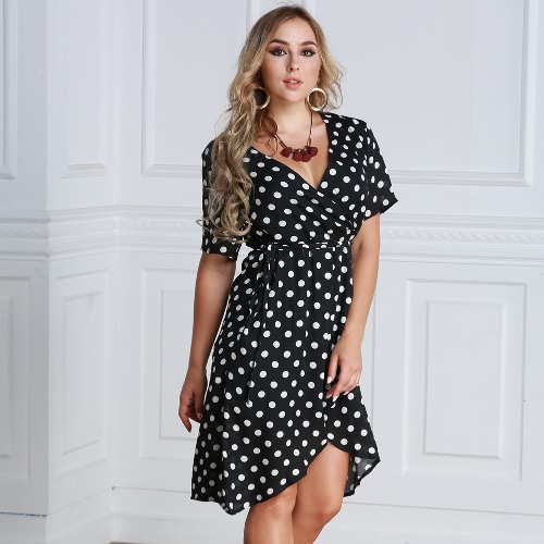 Women Polka Dot Chiffon Dress Deep V Neck Short Sleeves Cross Overlap Vintage Dress Plus Size Black
Women Polka Dot Chiffon Dress Deep V Neck Short Sleeves Cross Overlap Vintage Dress Plus Size Black