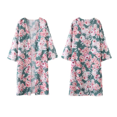 Women Long Floral Chiffon Beach Cover Ups Split Hem Open Front Three Quarter Sleeves Bikini Cover Kimono Beachwear Women Long Floral Chiffon Beach Cover Ups Split Hem Open Front Three Quarter Sleeves Bikini Cover Kimono Beachwear
