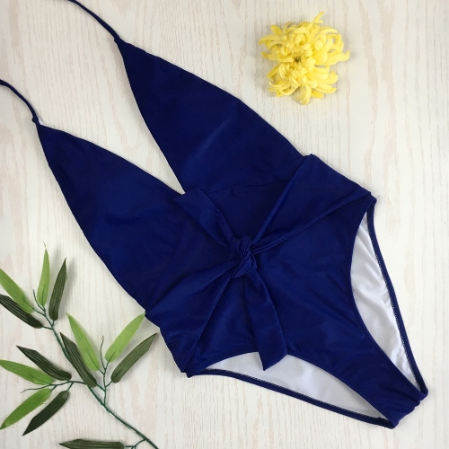 Women V-Neck Bow Solid Bathing Suit One Piece Swimsuit
