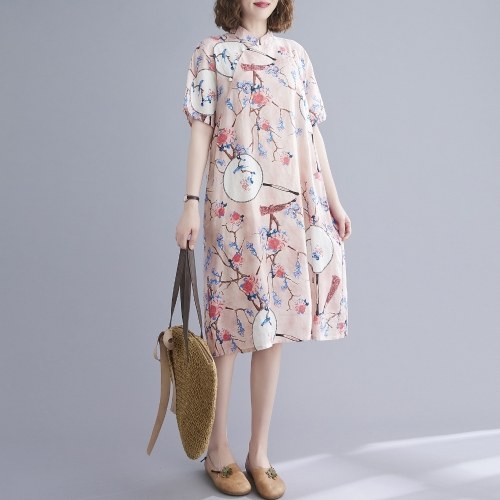 Vintage Women Cotton Linen Dress Floral Print Stand Collar Short Sleeve Elegant Fashion Cheongsam Midi Dress
Vintage Women Cotton Linen Dress Floral Print Stand Collar Short Sleeve Elegant Fashion Cheongsam Midi Dress