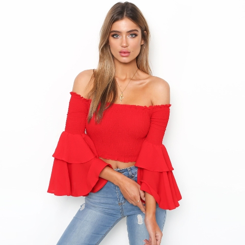 Off Shoulder Bell Sleeve Crop Tops