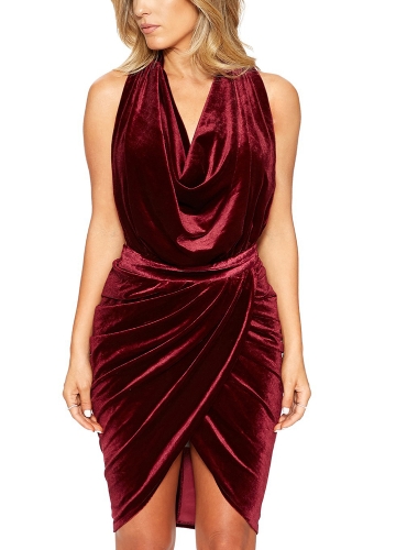 Women Ruched Velvet Mini Dress Halter Backless Irregular Pencil Dress
