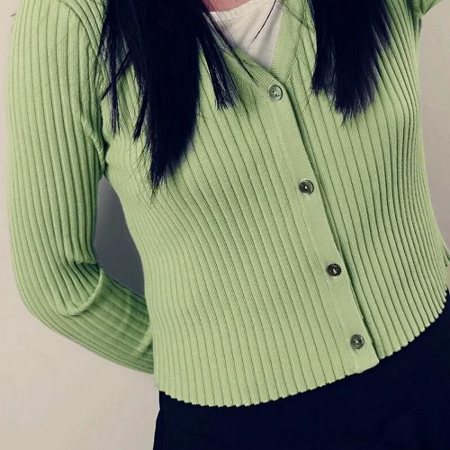 Fashion Knitted Stretchy Button V-Neck Long Sleeves Women's Sweater