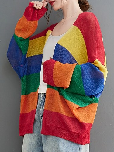 Women Knitted Cardigan Open Front Striped Contrast Color Long Sleeve Loose Casual Cover ups
Women Knitted Cardigan Open Front Striped Contrast Color Long Sleeve Loose Casual Cover ups