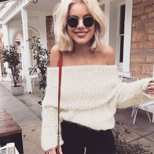 Sexy Women Off the Shoulder Solid Fleece Pullover