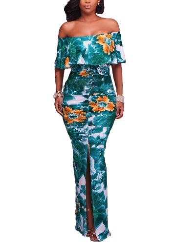 Women Dress Contrast Floral Leaves Print Off the Shoulder Ruffle Ruching High Split Maxi Long Gown