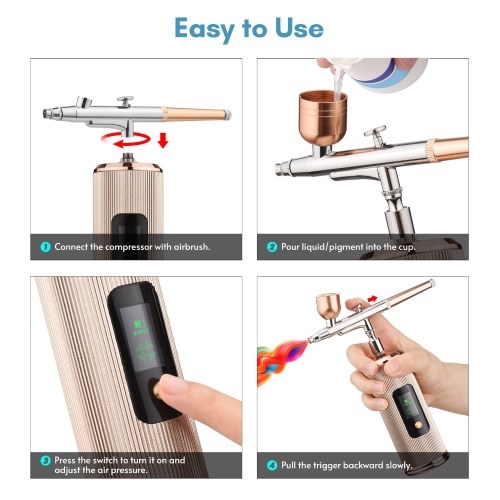 

Portable Airbrush Kit with Compressor Handheld Cordless Air Brush Pen with LCD Screen Dual-Action 3-level Adjustable Pressure Built-in Battery for Painting Model Coloring Nail Art Makeup Cake Decorating