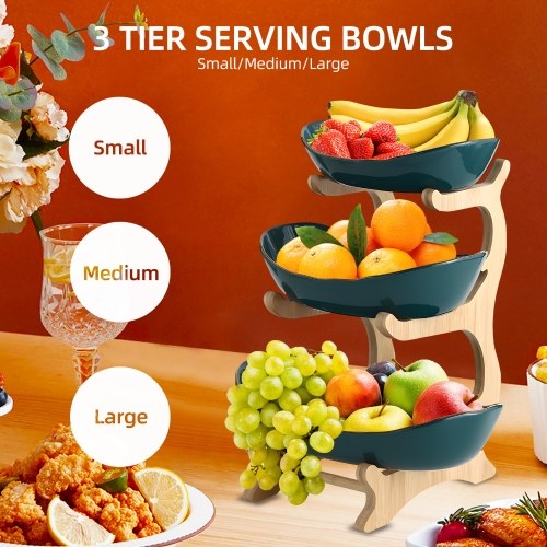 

3 Tier Fruit Basket for Kitchen Ceramic Fruit Bowl with Bamboo Wood Stand Easy Install 3 Tier Serving Stand Snack Dessert Cake Tray Plate Rack for Party Wedding Buffet