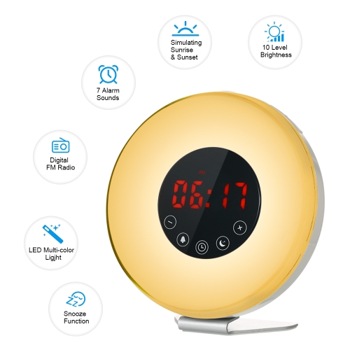 Wake Up Light Alarm Clock Sunrise/Sunset Simulation Digital Clock with FM Radio 7 Colors Night Light Nature Sounds Snooze Function Touch Control
Wake Up Light Alarm Clock Sunrise/Sunset Simulation Digital Clock with FM Radio 7 Colors Night Light Nature Sounds Snooze Function Touch Control