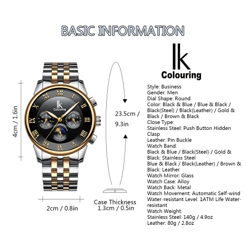 IKColouring Fashion Business Automatic Men Watches 1ATM Life Water-resistant Luminous Mechanical Man Wristwatch Calendar Moon Phase
IKColouring Fashion Business Automatic Men Watches 1ATM Life Water-resistant Luminous Mechanical Man Wristwatch Calendar Moon Phase