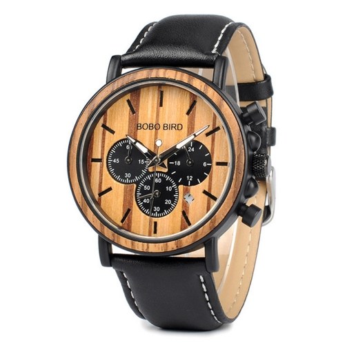 

BOBO BIRD Wooden Quartz Watch with Stainless Steel Band Men's Fashion Wristwatch Date Chronograph Display