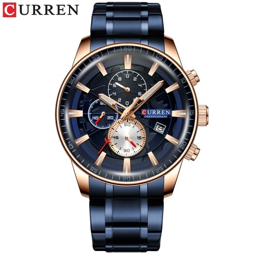 

CURREN Men Watch Quartz Movement Stainless Steel Strap Time & Calendar Display Stopwatch Function 3ATM Waterproof Male Fashion Wristband for Business & Daily Life