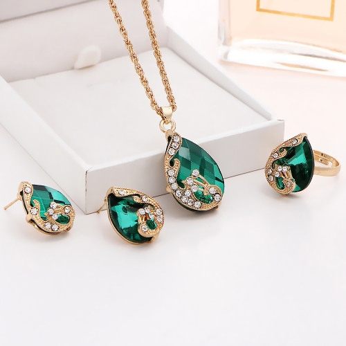 Fashion Gold-plated Jewelry Set Crystal Drop Pendant Peacock Necklace Earrings Ring Three-piece for Female
Fashion Gold-plated Jewelry Set Crystal Drop Pendant Peacock Necklace Earrings Ring Three-piece for Female