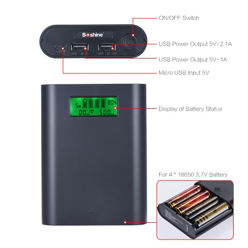 Soshine E3S Portable LCD Display 4 Slots 18650 Battery External Charger Holder Box Case DIY Power Pack Kit Compact Backup Power Source with Dual-USB Port - White
Soshine E3S Portable LCD Display 4 Slots 18650 Battery External Charger Holder Box Case DIY Power Pack Kit Compact Backup Power Source with Dual-USB Port - White