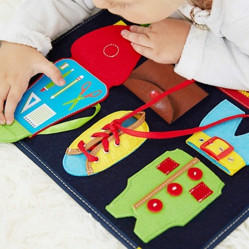 

Children Activity Board for Basic Skills Learning Environmental Protection Felt Children's Toys Early Childhood Education Teaching Aids Dressing Learning Board Bag Designed for Boys and Girls