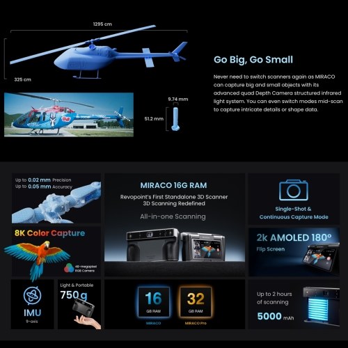 Revopoint MIRACO PRO 3D Scanner for 3D Printing Wireless Handheld 3D Model Scanning 15 fps Scan Speed Up to 0.02 mm Precision Full Color RGB Camera
Revopoint MIRACO PRO 3D Scanner for 3D Printing Wireless Handheld 3D Model Scanning 15 fps Scan Speed Up to 0.02 mm Precision Full Color RGB Camera