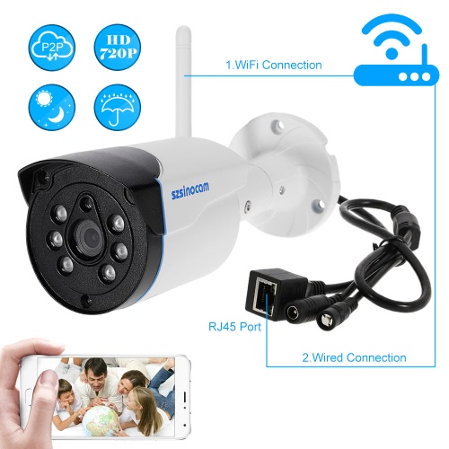 szsinocam 720P HD Wireless WIFI Bullet Waterproof IP Camera 1.0MP 1/4’’ CMOS 4mm Lens 6pcs Array IR LEDS H.264 P2P Built-in 8G TF Card Support Motion Detection Phone APP Control Night Vision for Indoor Outdoor Security
szsinocam 720P HD Wireless WIFI Bullet Waterproof IP Camera 1.0MP 1/4’’ CMOS 4mm Lens 6pcs Array IR LEDS H.264 P2P Built-in 8G TF Card Support Motion Detection Phone APP Control Night Vision for Indoor Outdoor Security