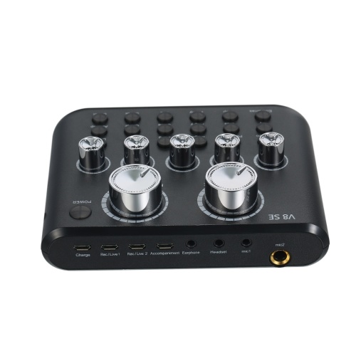 

V8SE External Live Sound Card Mini Sound Mixer Board for Live Streaming Music Recording Karaoke Singing with 12 Sound Effects BT Connection for Smartphone Laptop PC