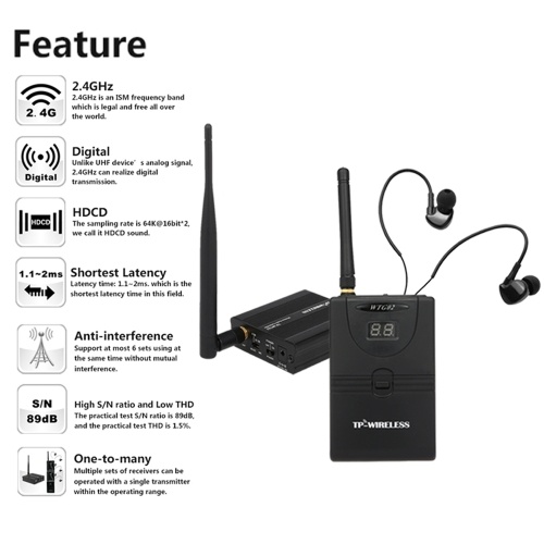 TP-WIRELESS TP-WMS02 In-ear Stage Audio Monitor System Professional 2.4GHz Digital Wireless Monitor System 1 Transmitter 5 Receivers
TP-WIRELESS TP-WMS02 In-ear Stage Audio Monitor System Professional 2.4GHz Digital Wireless Monitor System 1 Transmitter 5 Receivers