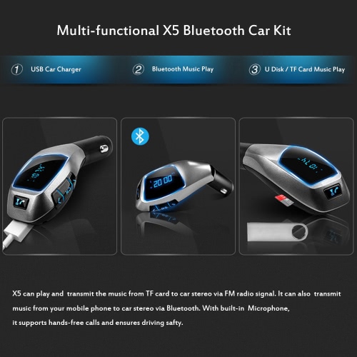 X5 Bluetooth Car Kit FM Transmitter Stereo Hands-free Support TF Card U Disk Music Play MP3 Player USB Car Charger Black + Grey X5 Bluetooth Car Kit FM Transmitter Stereo Hands-free Support TF Card U Disk Music Play MP3 Player USB Car Charger Black + Grey