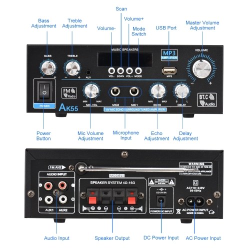 

AK-55 Audio Power Amplifier Home Car Karaoke Amplifier Digital Audio PA Receiver 2 Microphone Input with Remote Control 2 Channel 70W+70W for Car Home Use