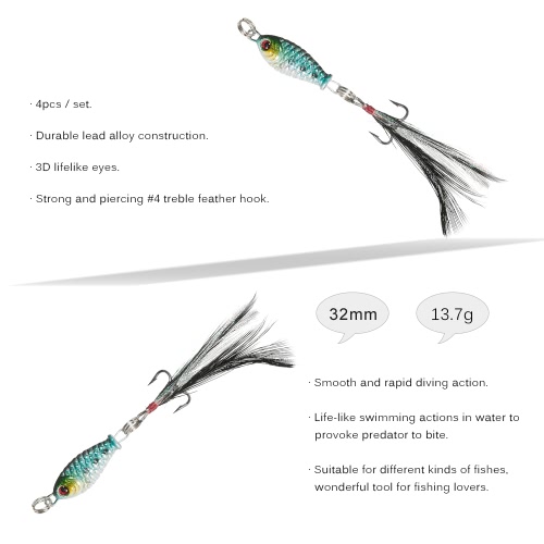 Lixada 4PCS Lead Fishing Lures 6g 32mm Artificial Hard Alloy Fish Vibration Lure Set with #4 Feather Hooks 
Lixada 4PCS Lead Fishing Lures 6g 32mm Artificial Hard Alloy Fish Vibration Lure Set with #4 Feather Hooks