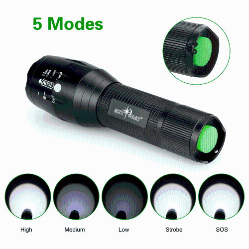 Adjustable Focus LED Light Zoomable Flashlight Torch Lamp Water Resistant 5 Modes for Camping Hiking Hunting
Adjustable Focus LED Light Zoomable Flashlight Torch Lamp Water Resistant 5 Modes for Camping Hiking Hunting