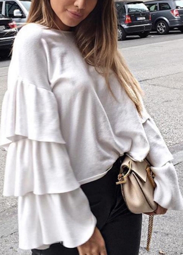 Women Pullover Solid Layered Ruffle Flare Sleeve Round Neck Jumpers Streetwear