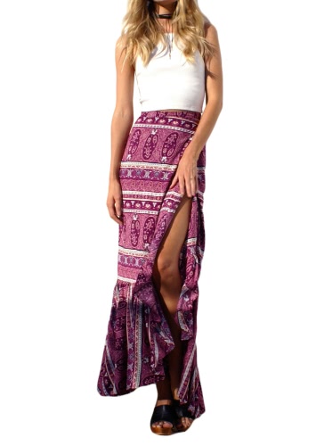 Bohemian Print Maxi Skirt Tie Waist Wraparound Ruffle Hem Split Long Skirt