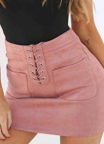 Sexy Women Suede Mini Lace-up Pencil Casual High Waist Slim Solid Skirt