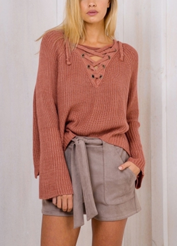 Women Lace Up V-Neck Flare Sleeve Sweater