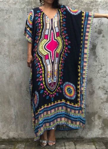 Boho Ethnic Beach Cover Up Plus Size Printed V Neck Women's Maxi Dress